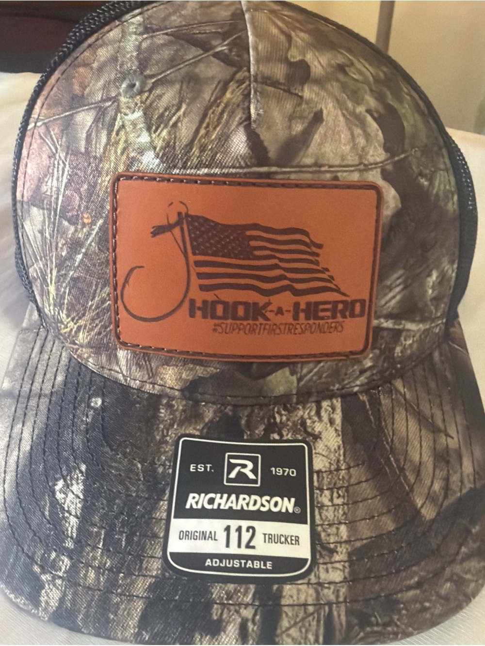 Men's Camo Trucker Hat with Hook-A-Hero Patch - First Responders Brown/Green
